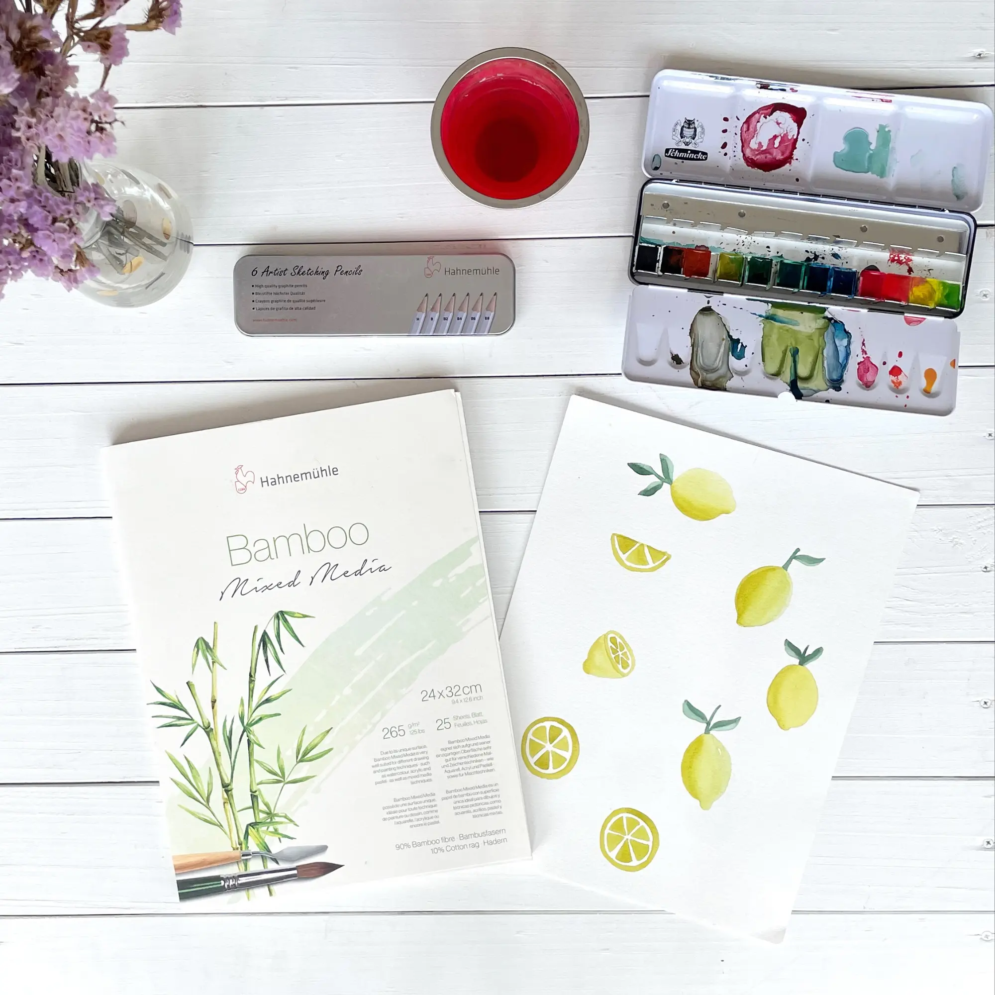 watercolor, lemons, art supplies, bamboo, notebook
