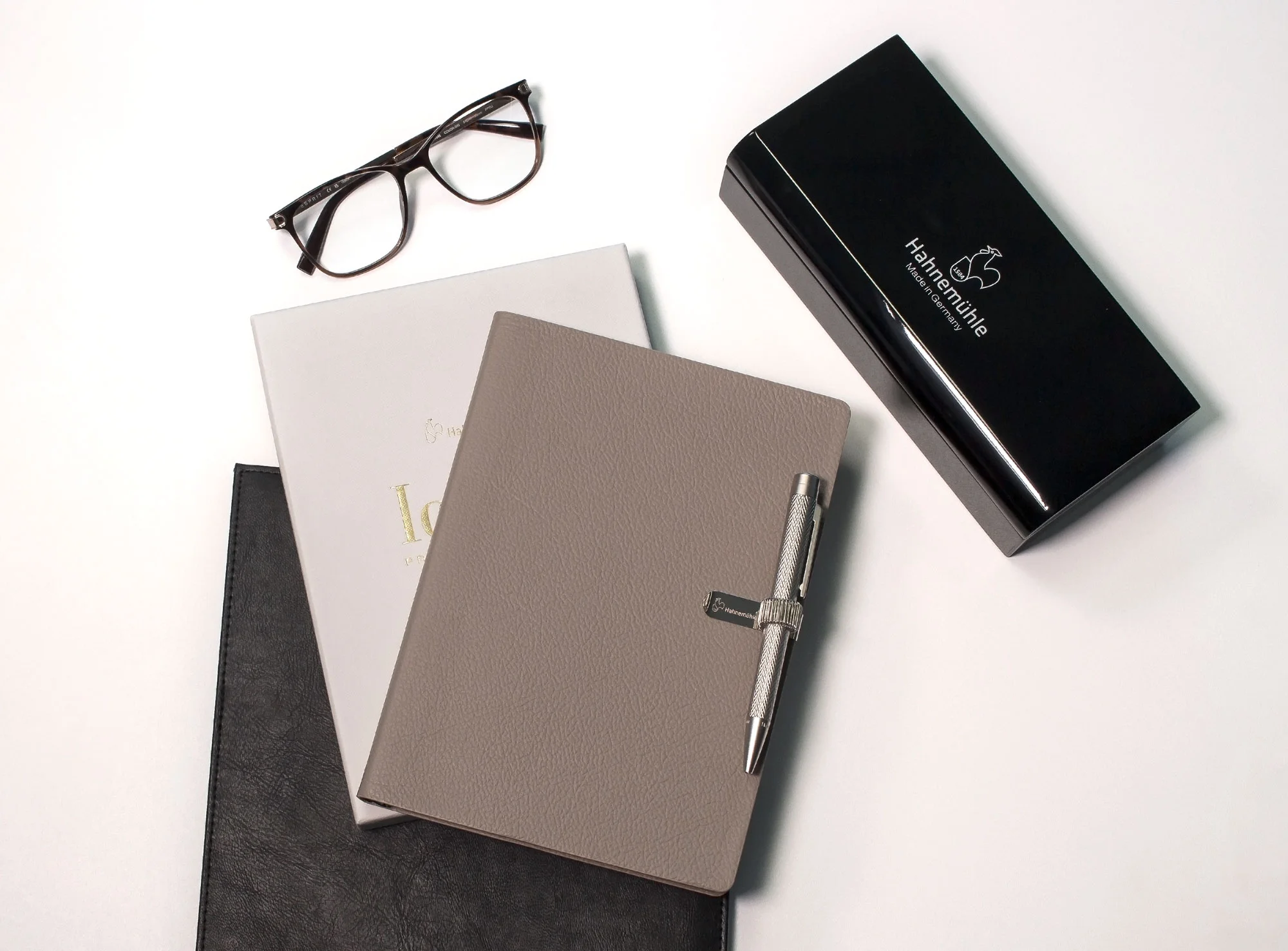 glasses, notebook, pen, box, leather