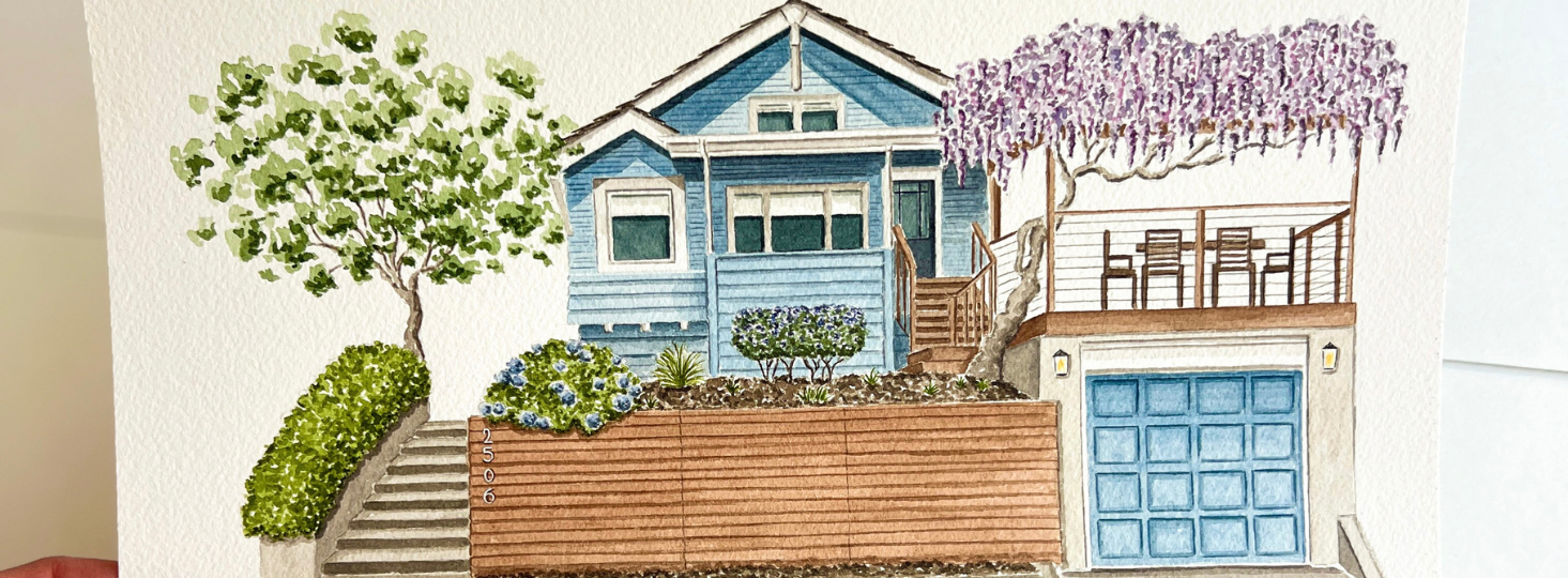house, blue house, front yard, blue garage, wooden fence