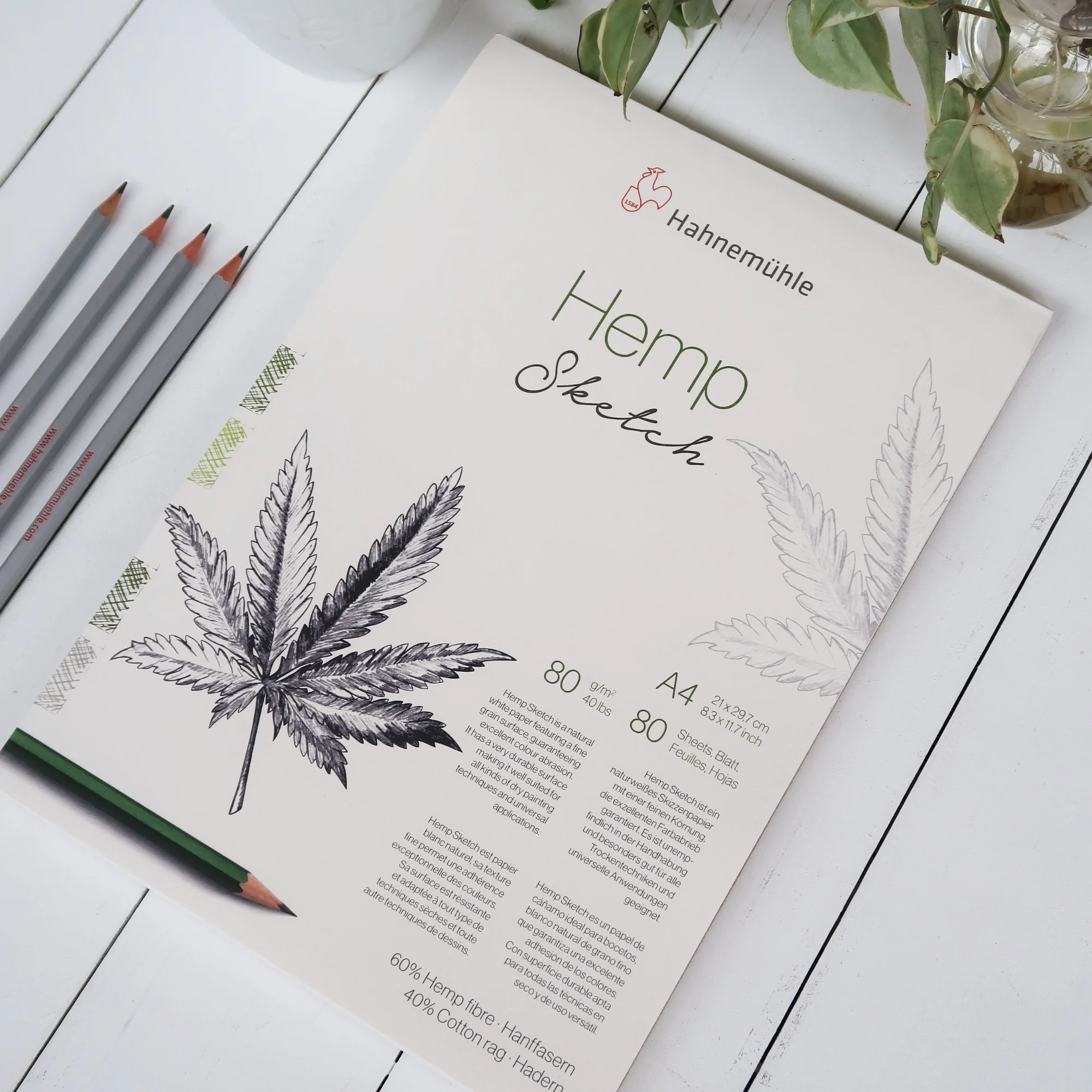 hemp sketchbook, A4 sketchbook, hemp paper, leaf design, pencil set