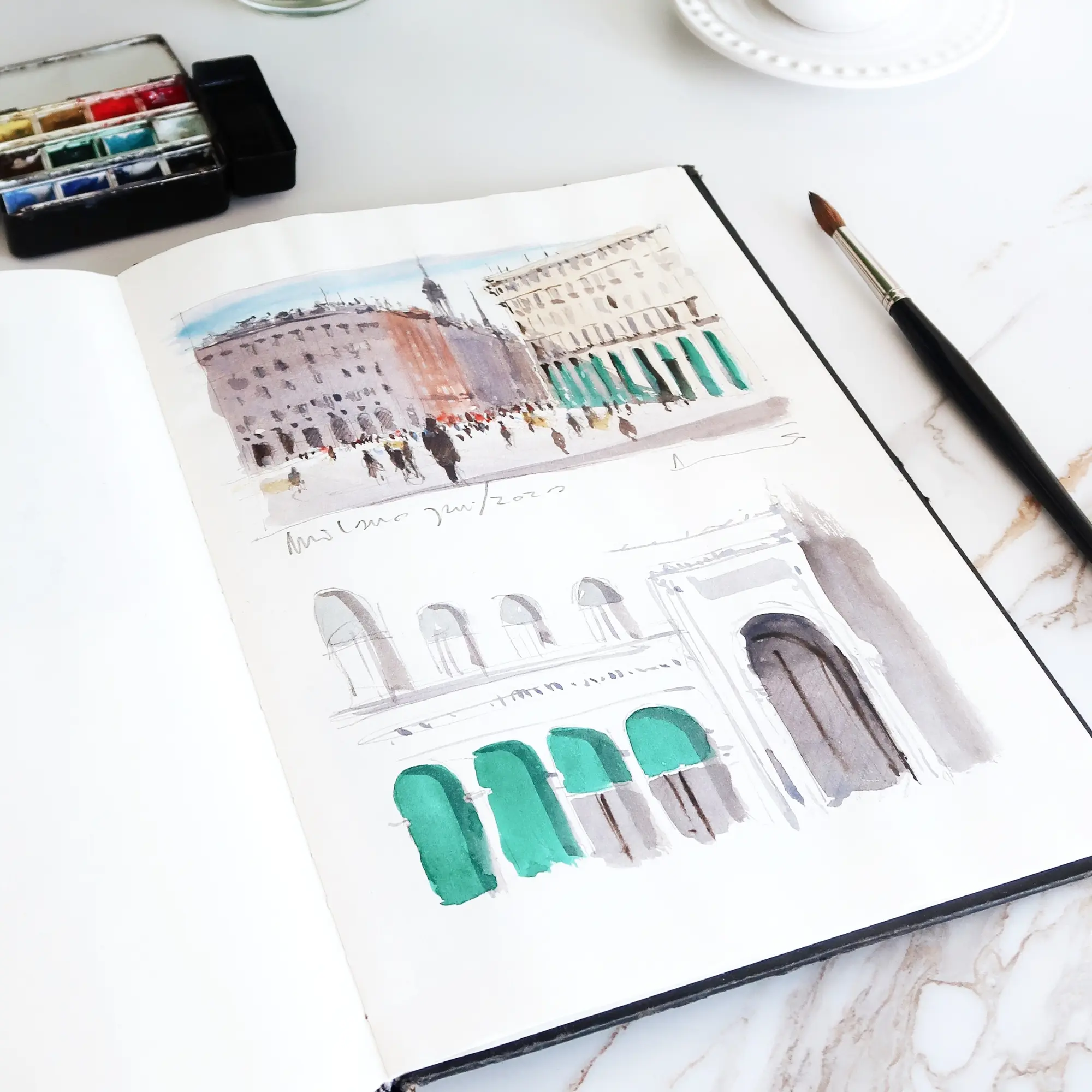 watercolor, sketchbook, architecture, cityscape, paint set