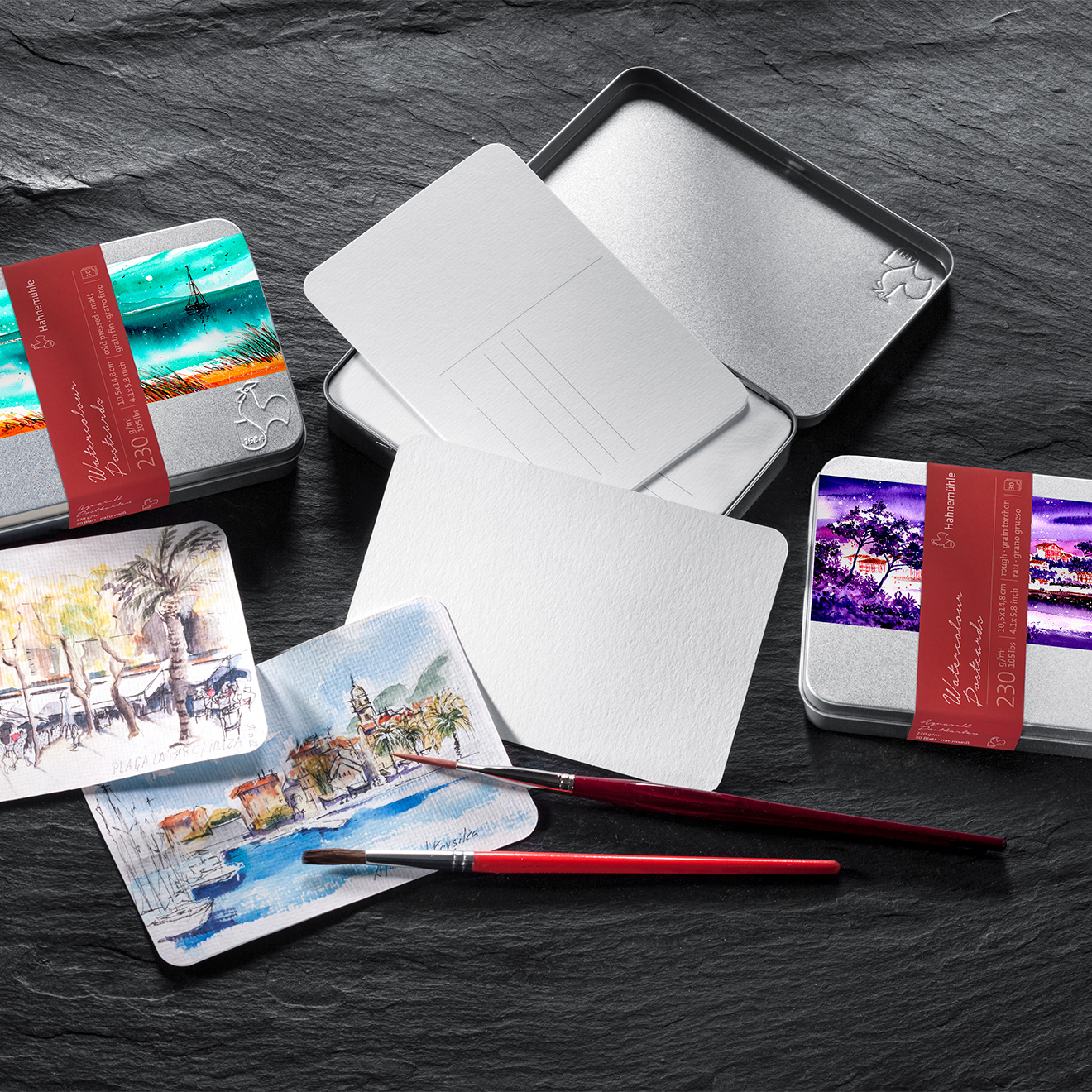 metal tin, watercolor cards, postcard set, paints, brushes
