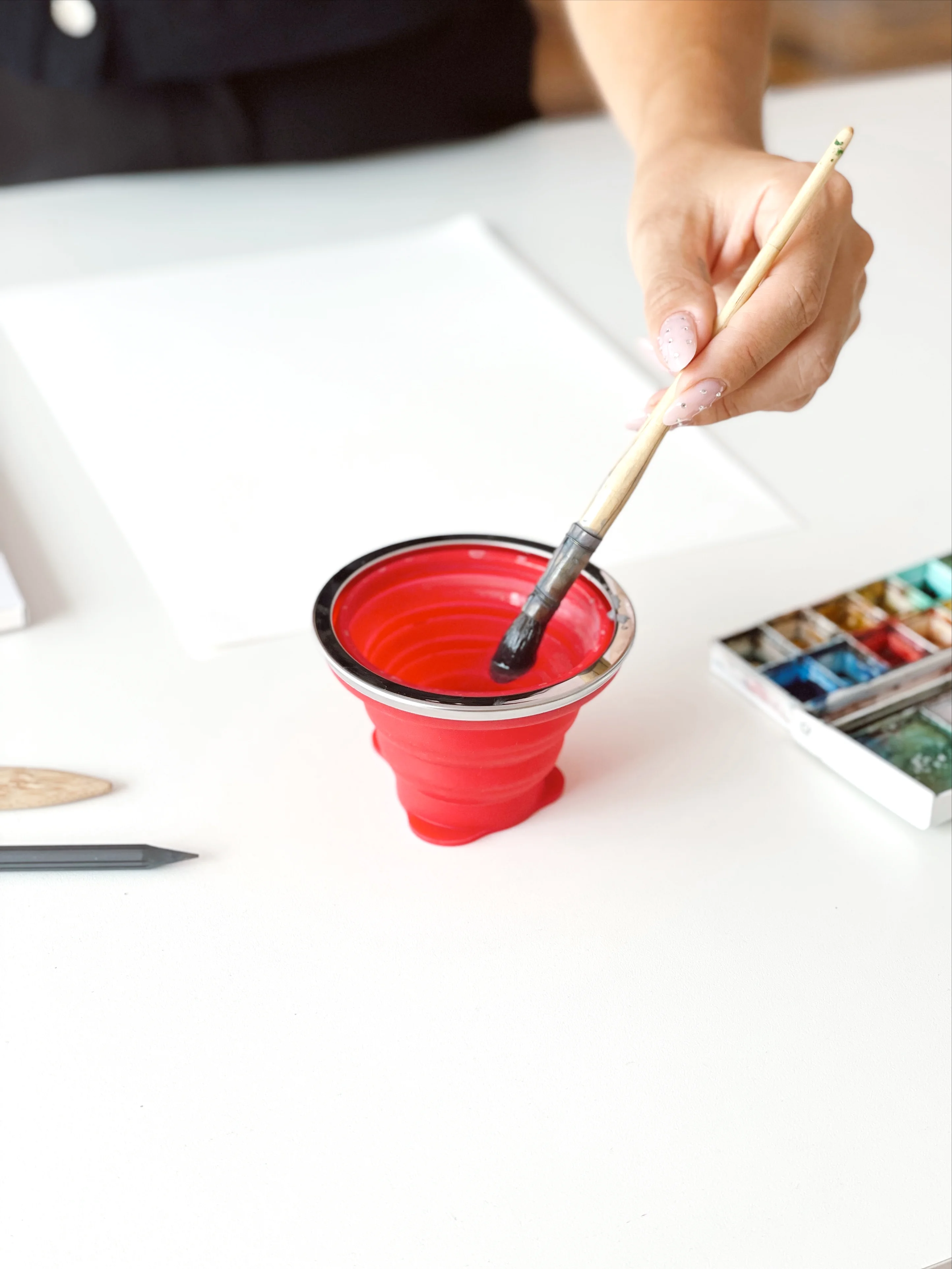 red, paint, paintbrush, folding cup, art