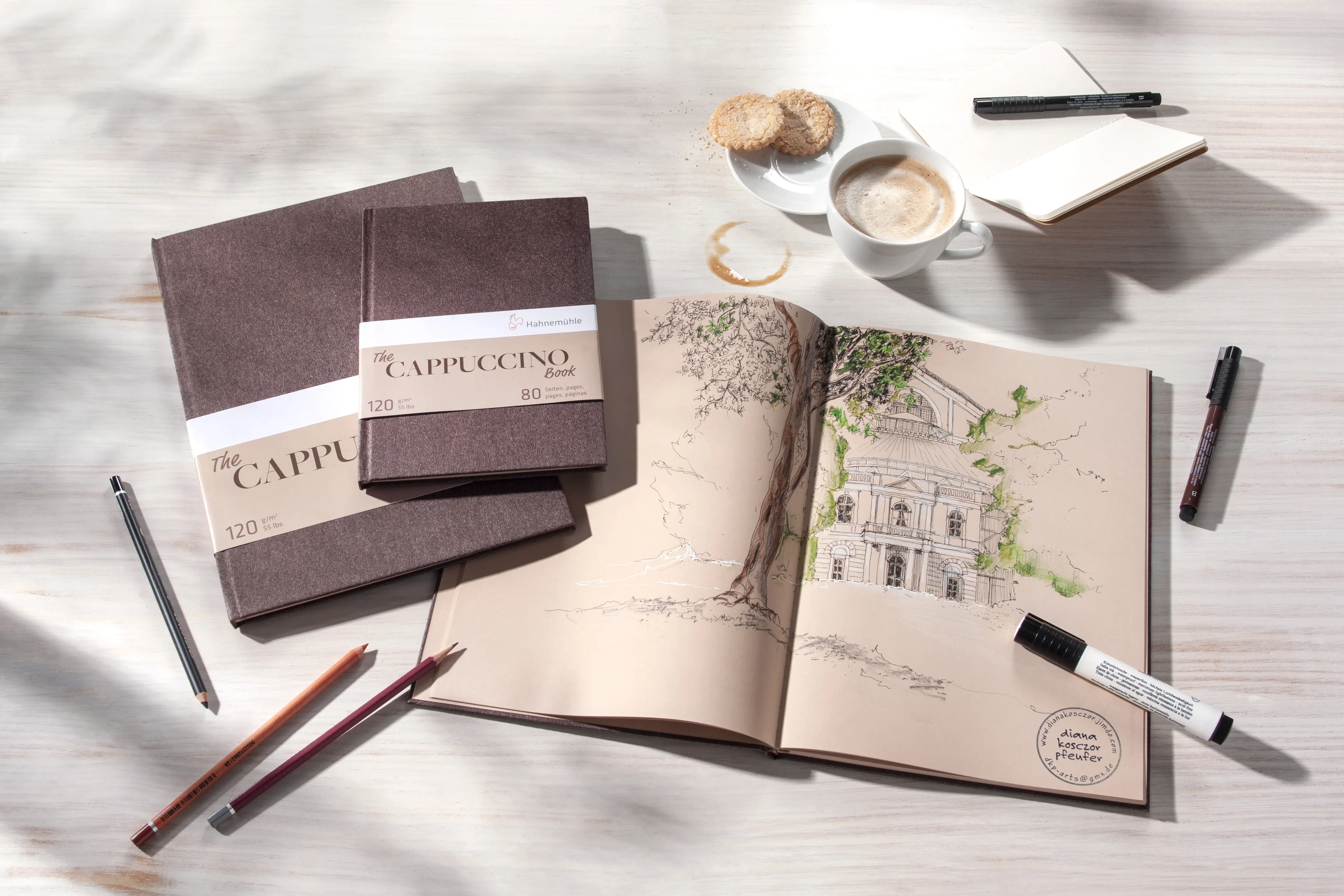 notebook, sketchbook, brown cover, art supplies, coffee cup