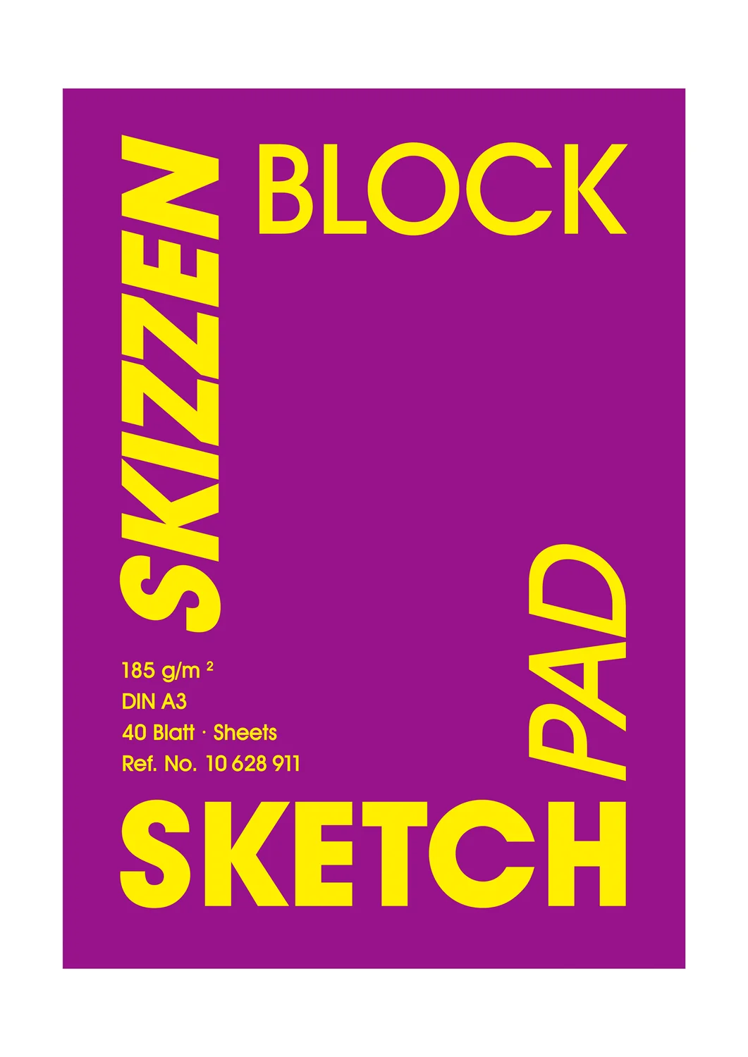 sketch pad, packaging, purple, yellow text, DIN A3