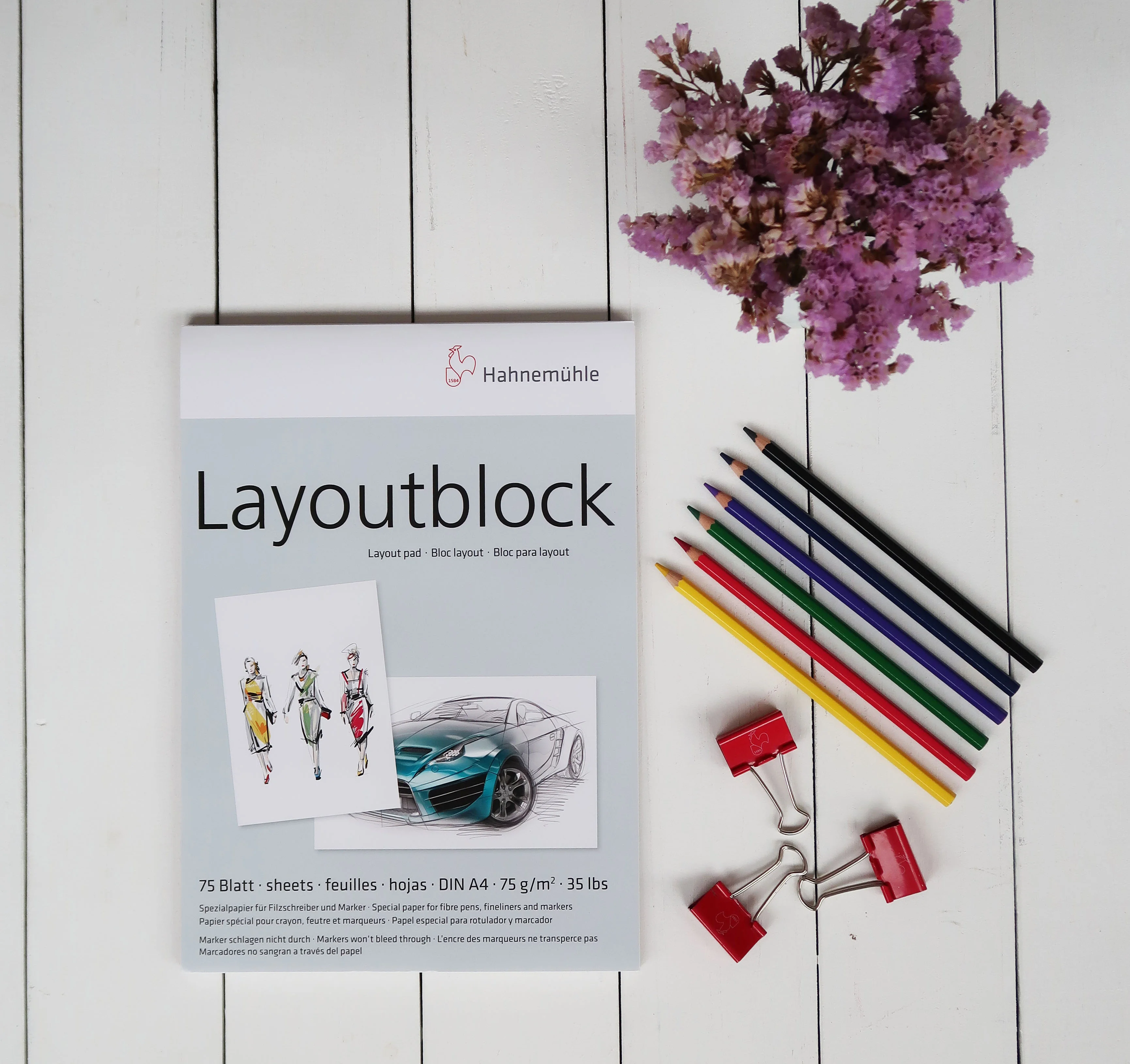 layout block, layout pad, drawing paper, A4 paper, colored pencils