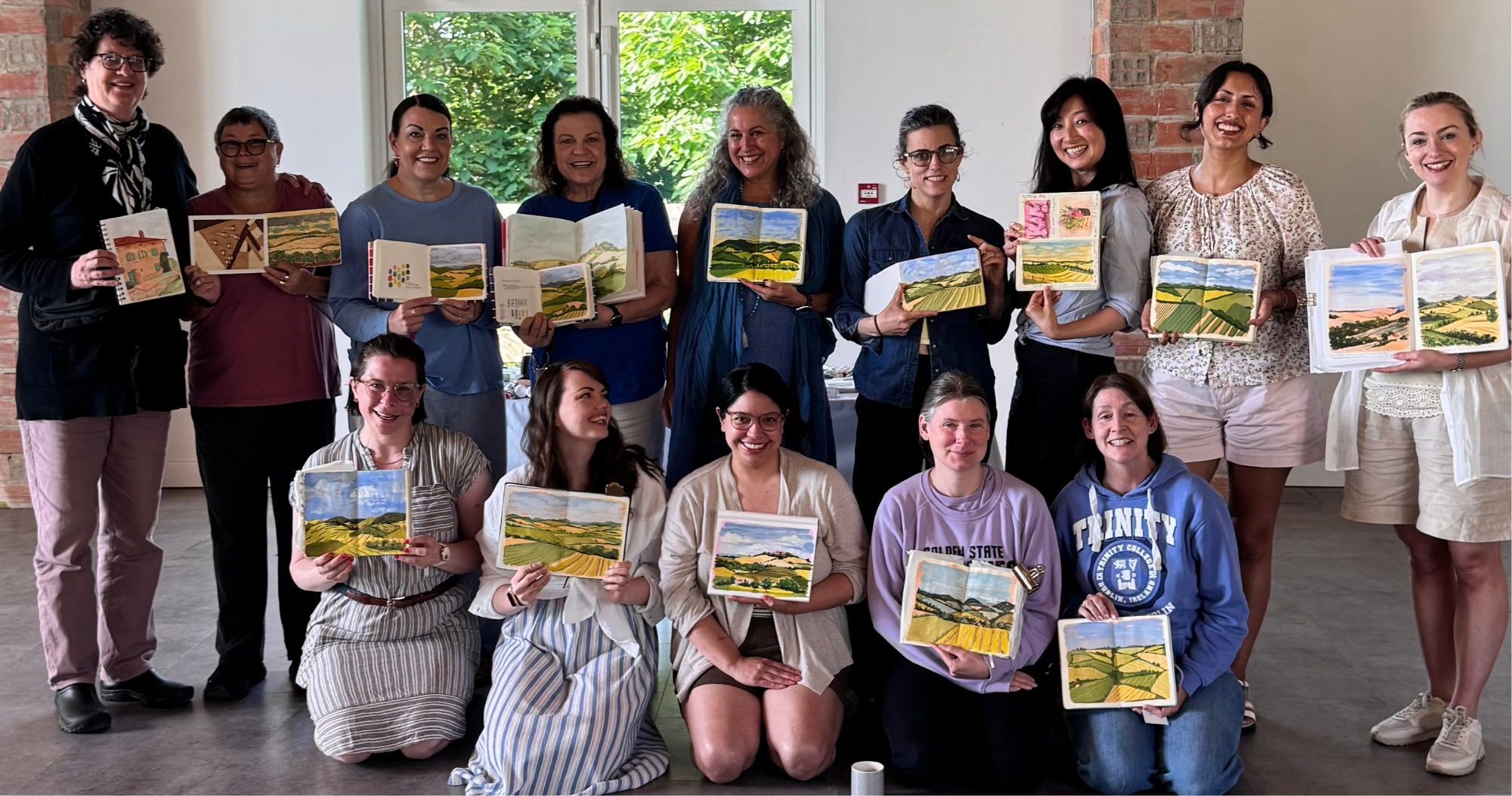 group, people, art books, landscape painting, classroom