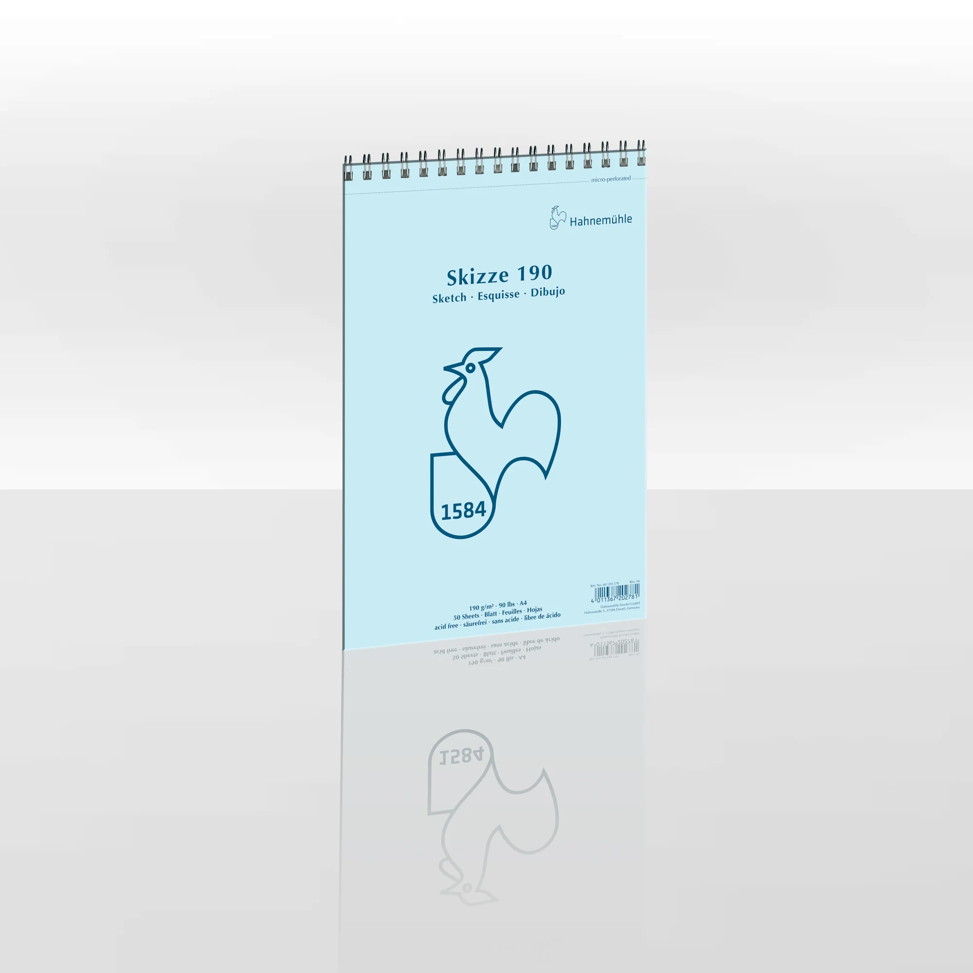 sketchbook, spiral-bound, A4, blue cover, rooster logo