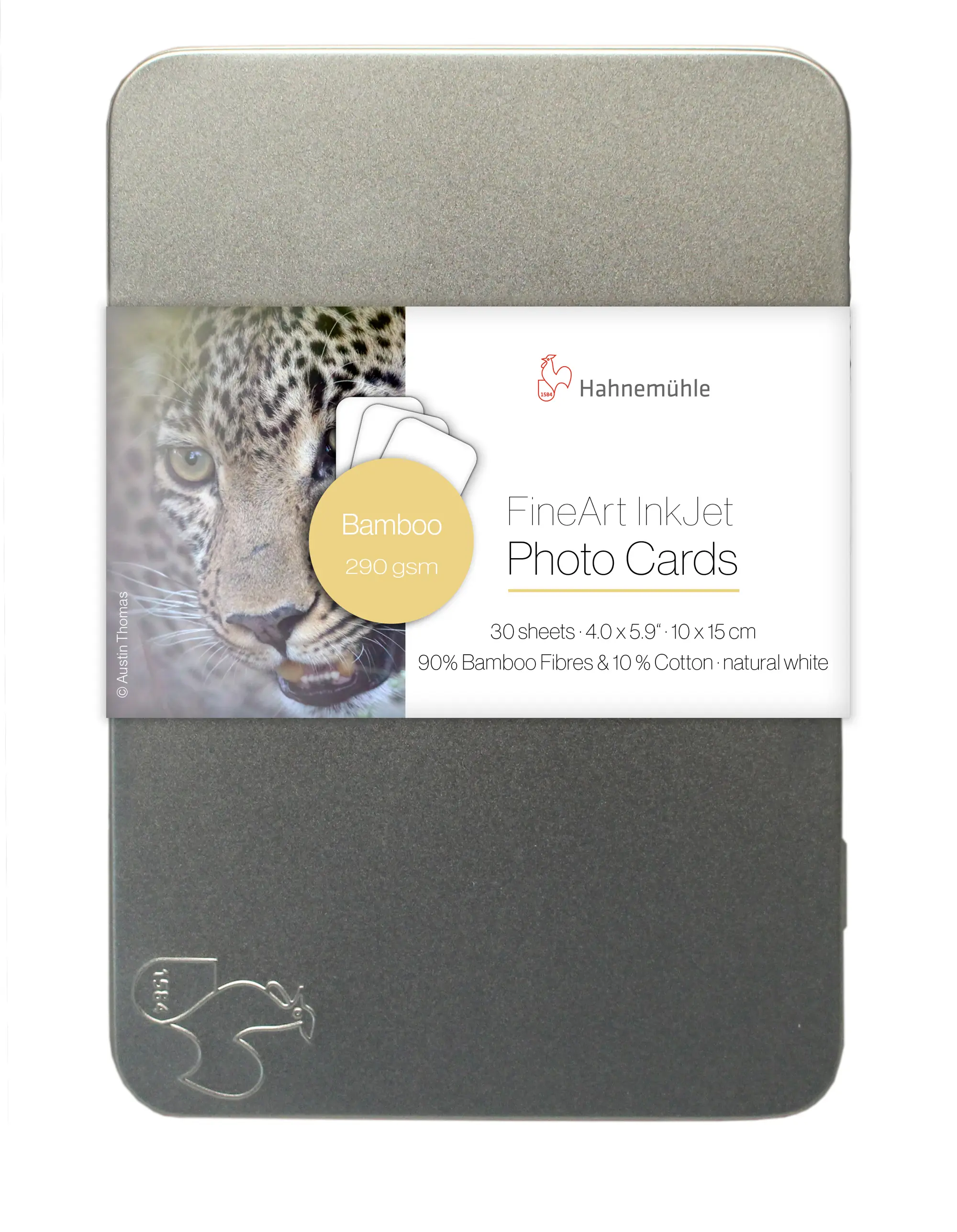 photo cards, bamboo fiber, inkjet, 30 sheets, silver tin