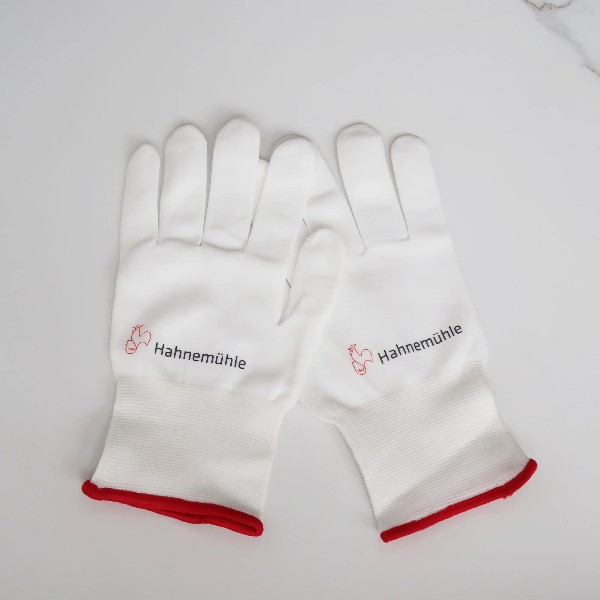 gloves, white, cotton, logo, red-cuff