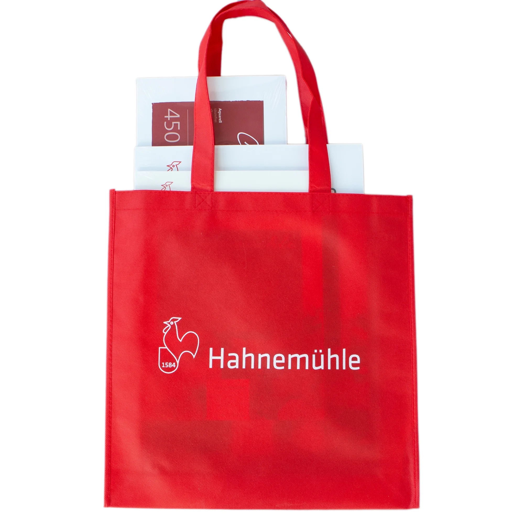 retail bag, red tote, logo print, paper bundles, reusable bag