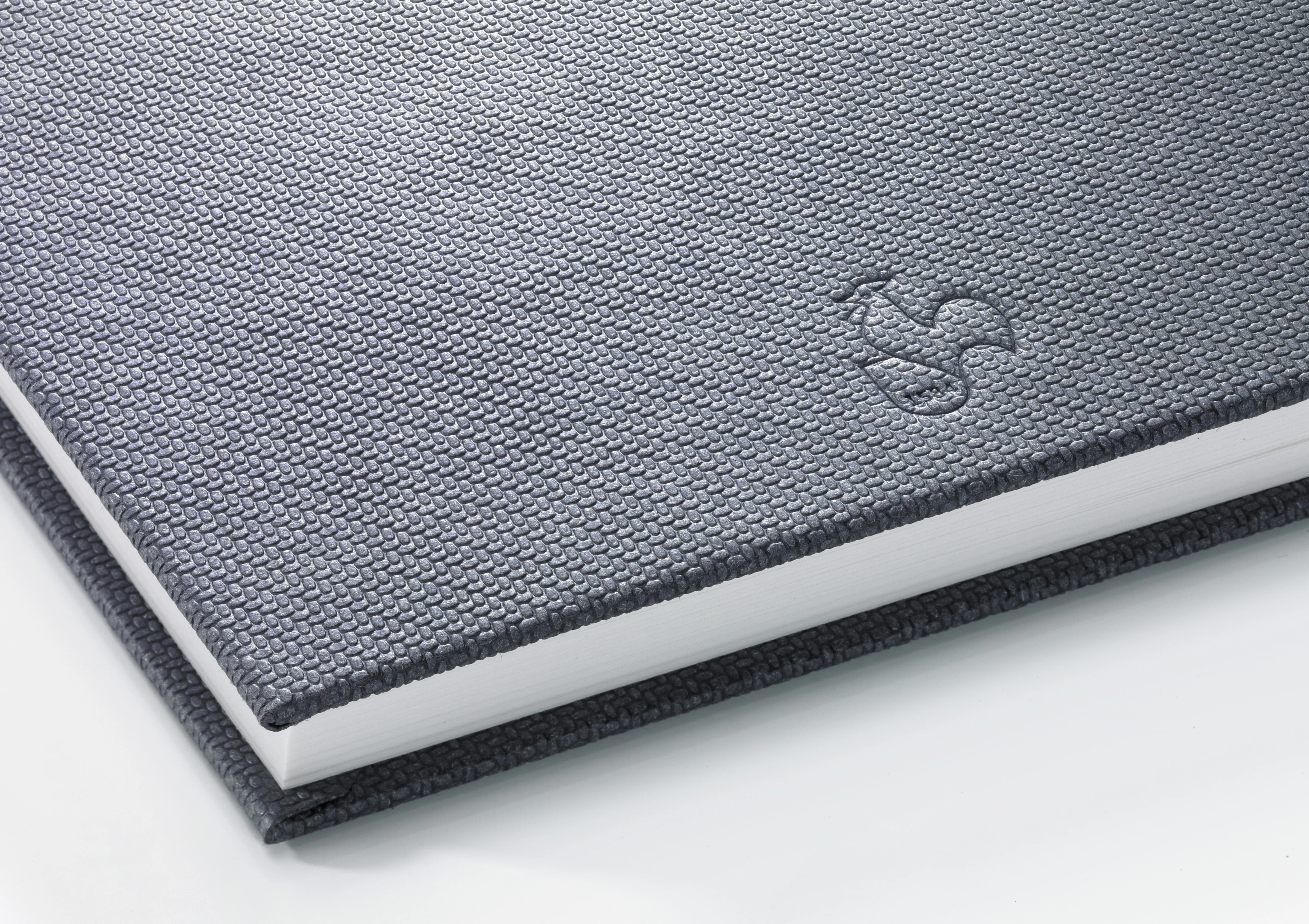 notebook, hardcover, textured, blue-gray, logo embossment