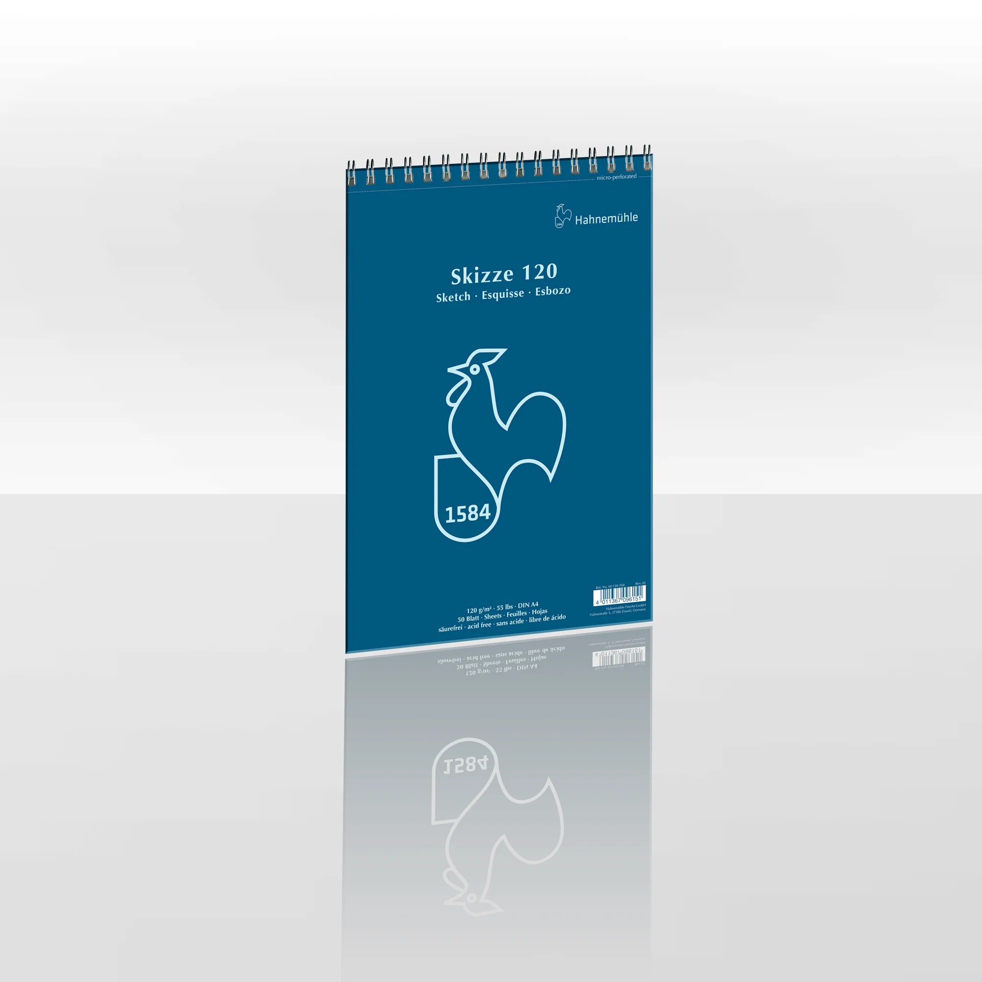 sketchbook, spiral-bound, blue cover, rooster illustration, A4 format