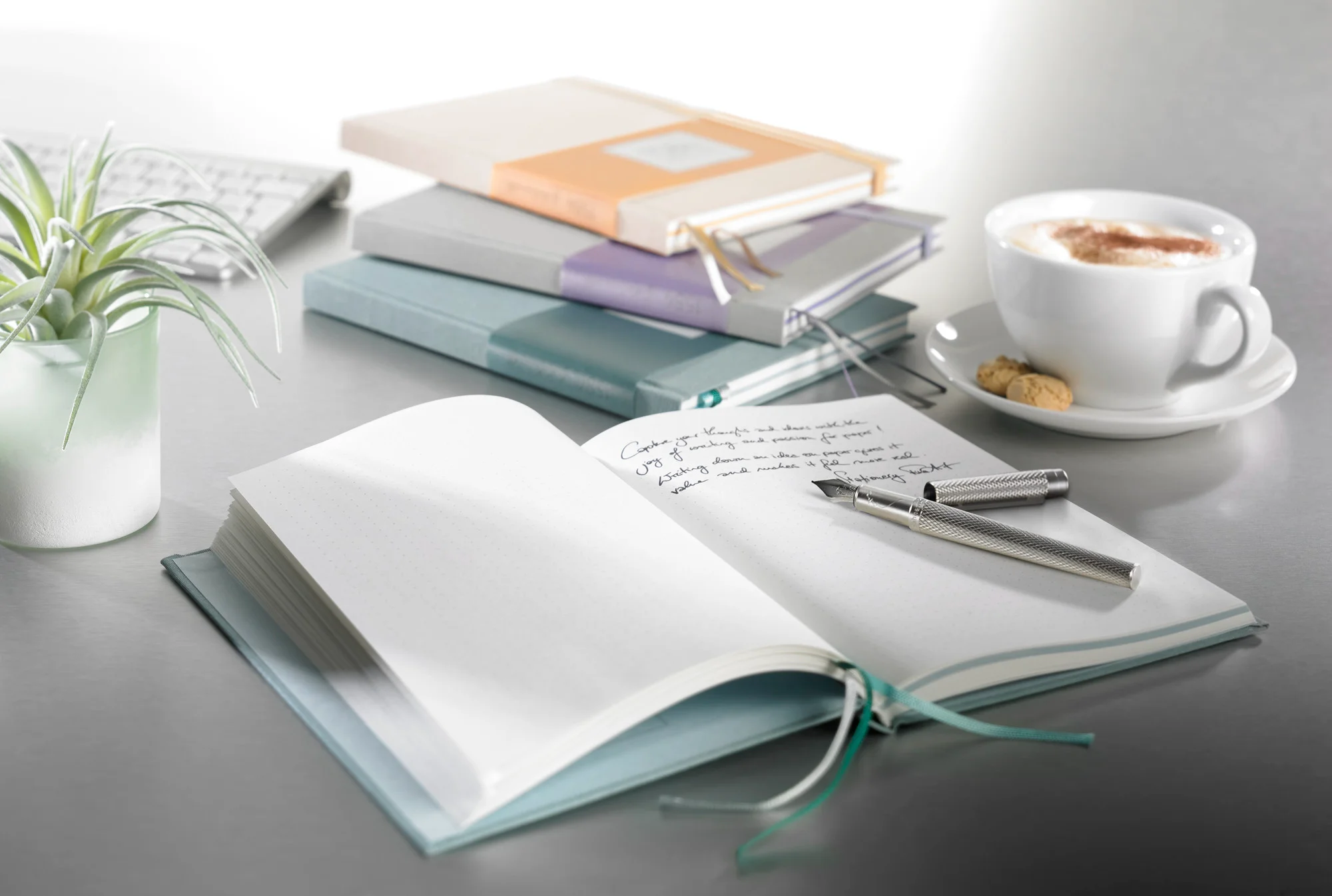 notebook, open notebook, pen, coffee, cookies