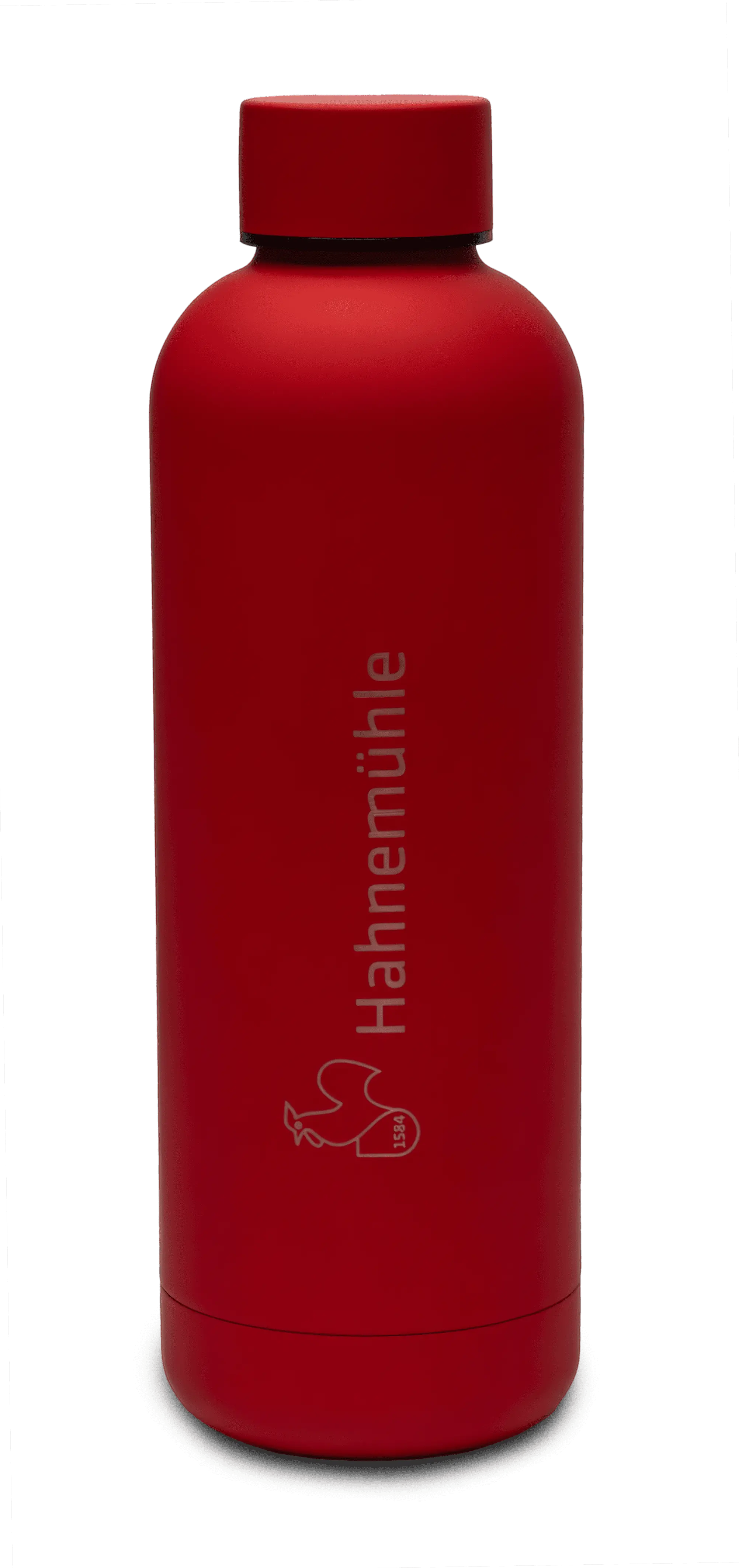 water bottle, stainless steel, red, screw-cap, logo