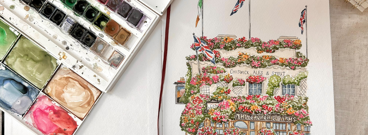 watercolor, artwork, painting, flowered building, sketchbook