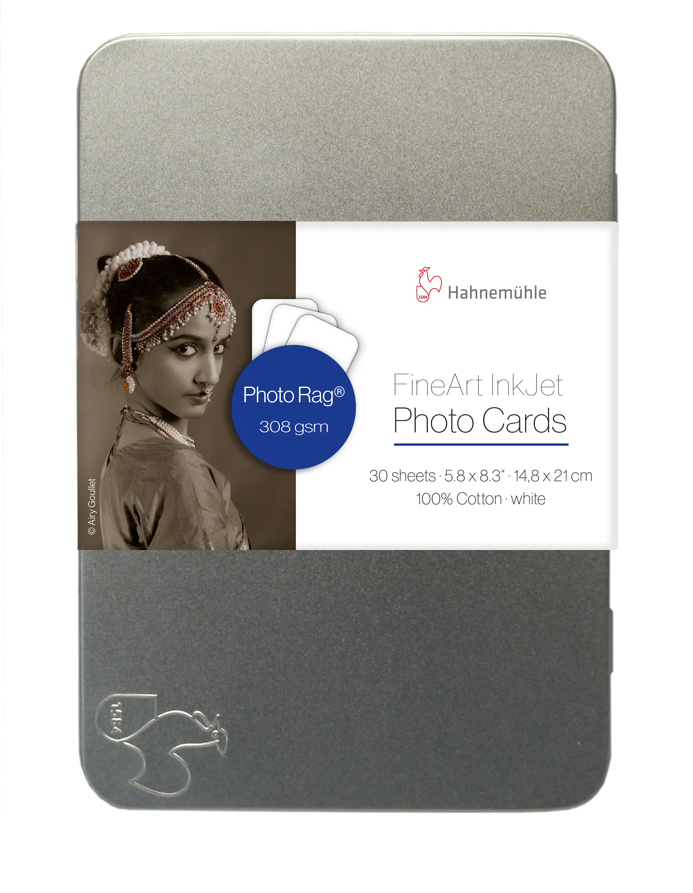 photo cards, inkjet, white cotton?, metal tin, photography accessory