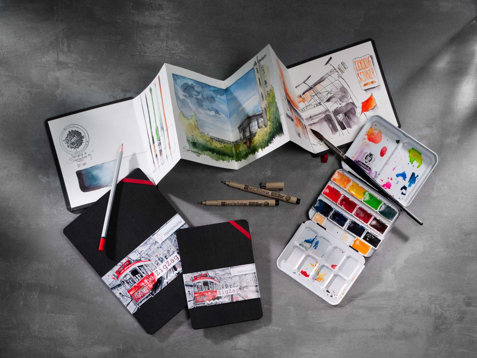 art supplies, watercolor set, sketchbook, notebook, pencils