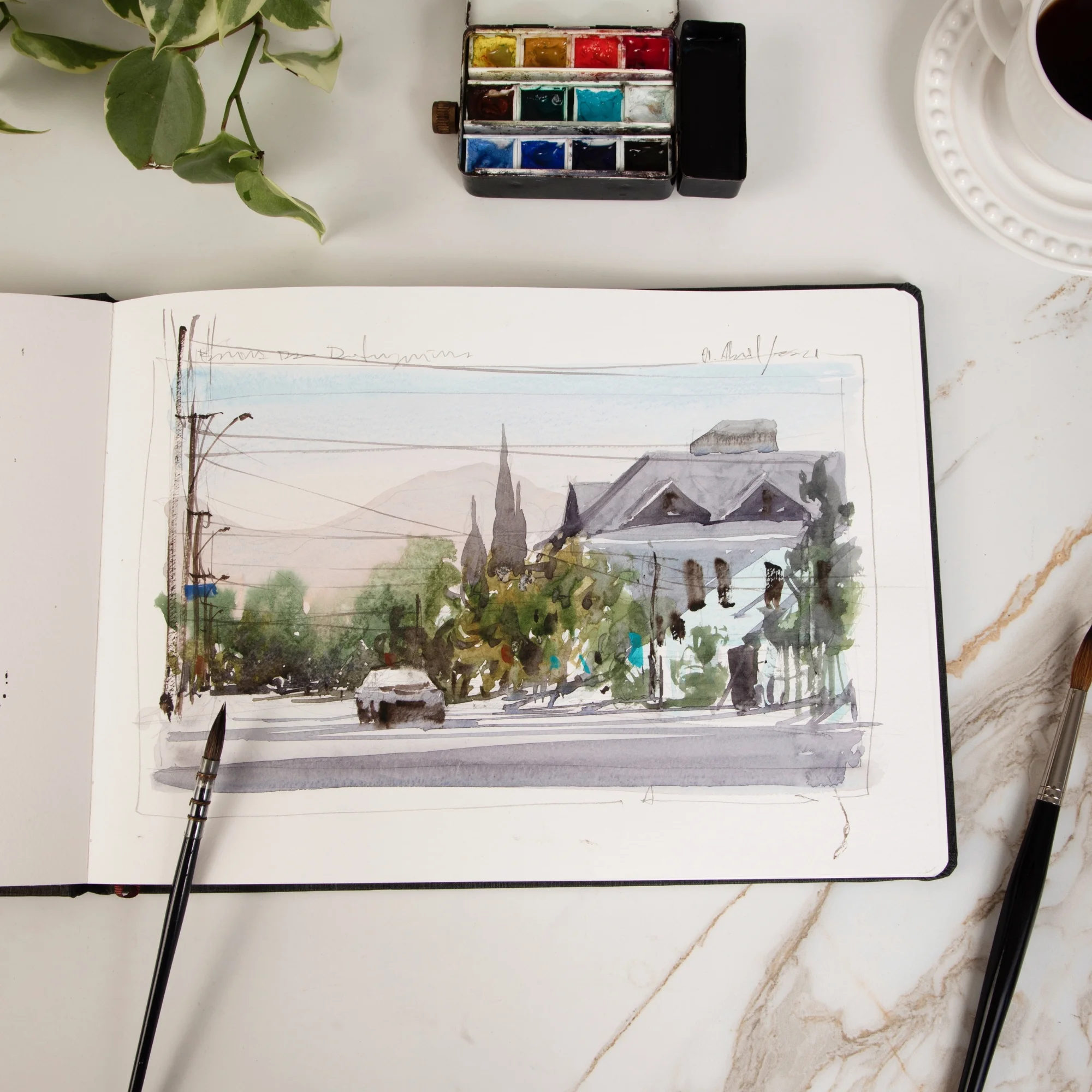 sketchbook, watercolor, cityscape, art supplies, brushes